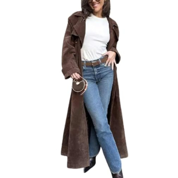 utcoco Womens Faux Suede Long Trench Coat Notched Lapel Double Breasted Pea Coat Overcoat with Belt ...