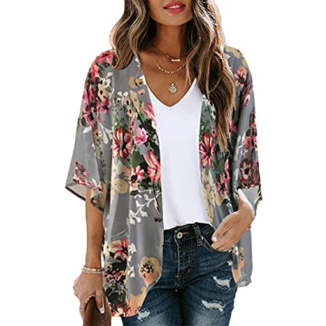 Women's Dark Grey Floral Print Puff Sleeve Kimono Cardigan