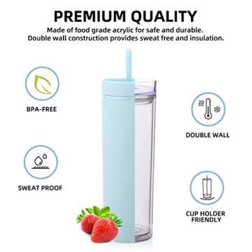 Volhoply 20oz Plastic Skinny Tumblers Bulk 10 Pack,Double Wall Tumbler with Lid and Straw,BPA Free M...