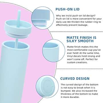 Volhoply 20oz Plastic Skinny Tumblers Bulk 10 Pack,Double Wall Tumbler with Lid and Straw,BPA Free Matte Acrylic Iced Coffee Cups With Straw,Reusable Travel Cute Mug for Party,DIY Gift(Blue, 10 Set)