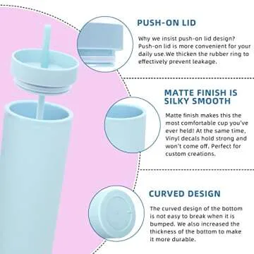 Volhoply 20oz Plastic Skinny Tumblers Bulk 10 Pack,Double Wall Tumbler with Lid and Straw,BPA Free Matte Acrylic Iced Coffee Cups With Straw,Reusable Travel Cute Mug for Party,DIY Gift(Blue, 10 Set)