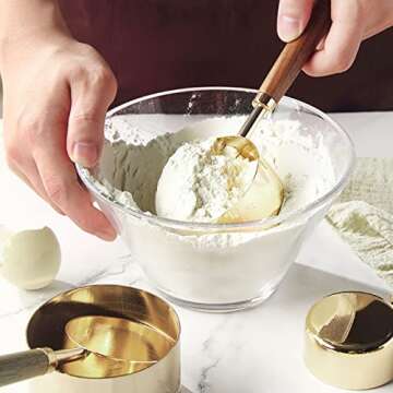 JetBravo 8Pcs Measure Cup and Spoon Set Gold Measuring Cup Spoon Set with Wooden Handle Stainless Steel Stackable Kitchen and Baking Measurement Kitchen Accessories for Home Kitchen Party