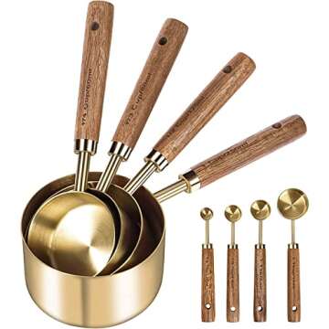 JetBravo 8Pcs Measure Cup and Spoon Set Gold Measuring Cup Spoon Set with Wooden Handle Stainless Steel Stackable Kitchen and Baking Measurement Kitchen Accessories for Home Kitchen Party