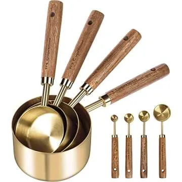 JetBravo 8Pcs Measure Cup and Spoon Set Gold Measuring Cup Spoon Set with Wooden Handle Stainless Steel Stackable Kitchen and Baking Measurement Kitchen Accessories for Home Kitchen Party