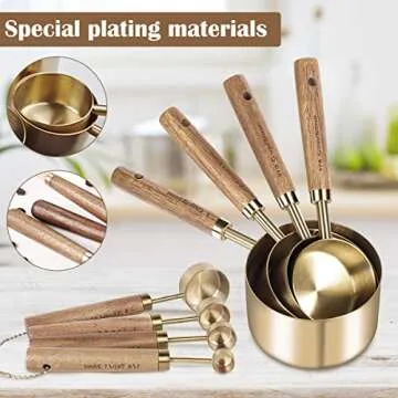 JetBravo 8Pcs Measure Cup and Spoon Set Gold Measuring Cup Spoon Set with Wooden Handle Stainless Steel Stackable Kitchen and Baking Measurement Kitchen Accessories for Home Kitchen Party