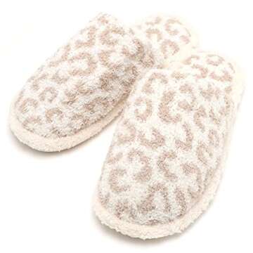 MIRMARU Women’s Animal Print Comfort Fluffy Fuzzy Slip on House Slippers - Leopard Beige