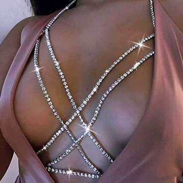 Victray Glitter Rhinestone Body Chain Jewelry Crystal Bikini Bra Chains Sparkly Chest Chain Accessor...