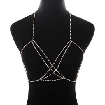 Victray Glitter Rhinestone Body Chain Jewelry Crystal Bikini Bra Chains Sparkly Chest Chain Accessory for Women (Silver)