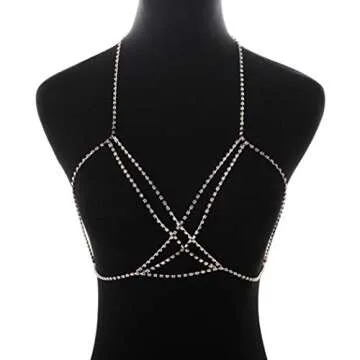 Victray Glitter Rhinestone Body Chain Jewelry Crystal Bikini Bra Chains Sparkly Chest Chain Accessory for Women (Silver)