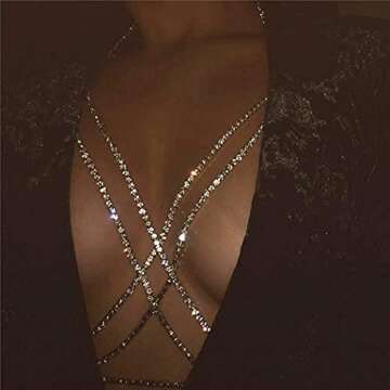 Victray Glitter Rhinestone Body Chain Jewelry Crystal Bikini Bra Chains Sparkly Chest Chain Accessory for Women (Silver)