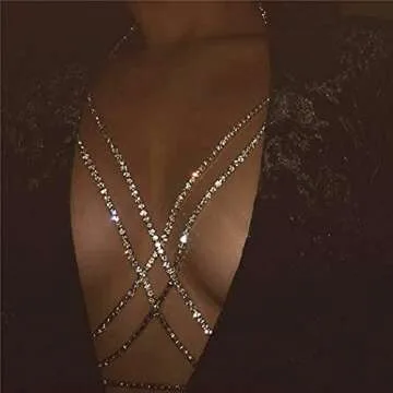 Victray Glitter Rhinestone Body Chain Jewelry Crystal Bikini Bra Chains Sparkly Chest Chain Accessory for Women (Silver)
