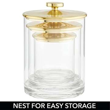 mDesign Plastic Apothecary Canister Jar Storage Organizer for Bathroom, Bedroom, Vanity, Kitchen Cabinet Organization - Holds Cotton Swab - Lumiere Collection - Set of 3 - Clear/Soft Brass