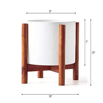 kimisty 8 Inch Mid Century Modern Ceramic Planter with Stand Indoor, Retro White Large Plant Pot with Bamboo Wood Stand, Extra Large Tall Floor Tree Planter, with Drainage and a Plug