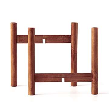 kimisty 8 Inch Mid Century Modern Ceramic Planter with Stand Indoor, Retro White Large Plant Pot with Bamboo Wood Stand, Extra Large Tall Floor Tree Planter, with Drainage and a Plug