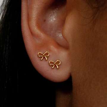 MUMREUES Gold Earrings for Women 14K Gold Stud Earring Dainty Minimalist Simple Small Bow Earrings J...
