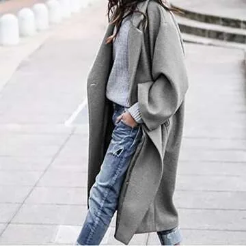 Women's Oversized Notched Collar Wool Blend Single Breast Midi Long Trench Coat Gray