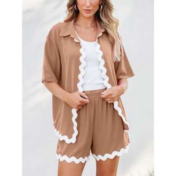 hathne Women's 2 Pieces Outfits Beach Vacation Summer Lounge Short Sleeve Shirts Shorts Sets