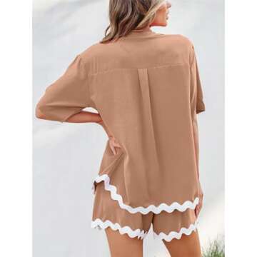 hathne Women's 2 Pieces Outfits Beach Vacation Summer Lounge Short Sleeve Shirts Shorts Sets