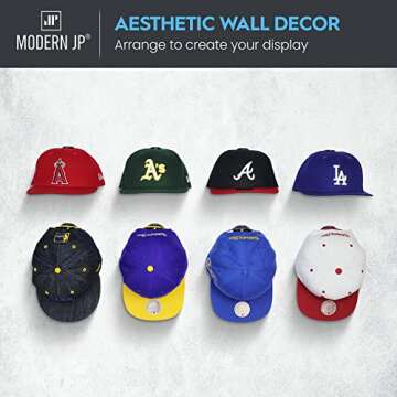 Modern JP Adhesive Hat Hooks for Wall (8-Pack) - Hat Rack for Baseball Caps, Minimalist Hat Display,...