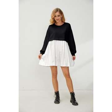 Meladyan Women's Oversized Patchwork Mini Sweatshirt Color Block Long Sleeve Crewneck Loose Pullover Pleated Dress, Black and White, Small