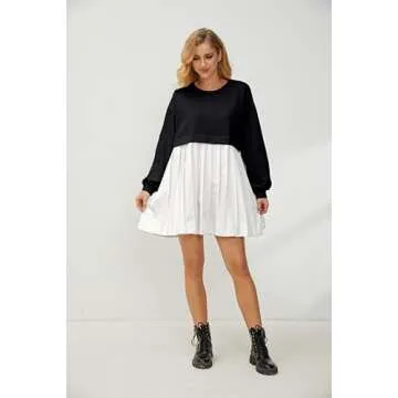 Meladyan Women's Oversized Patchwork Mini Sweatshirt Color Block Long Sleeve Crewneck Loose Pullover Pleated Dress, Black and White, Small