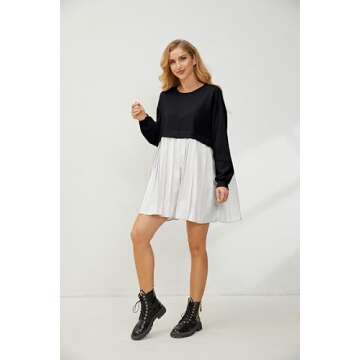 Meladyan Women's Oversized Patchwork Mini Sweatshirt Color Block Long Sleeve Crewneck Loose Pullover Pleated Dress, Black and White, Small