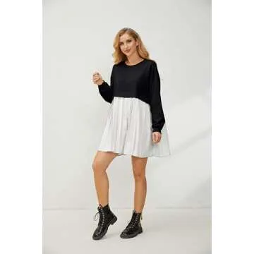 Meladyan Women's Oversized Patchwork Mini Sweatshirt Color Block Long Sleeve Crewneck Loose Pullover Pleated Dress, Black and White, Small