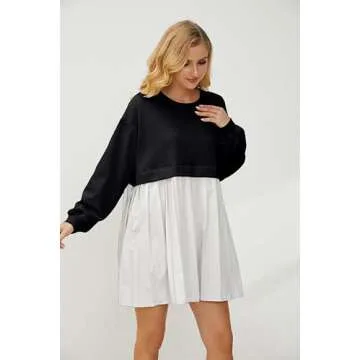 Meladyan Women's Oversized Patchwork Mini Sweatshirt Color Block Long Sleeve Crewneck Loose Pullover Pleated Dress, Black and White, Small