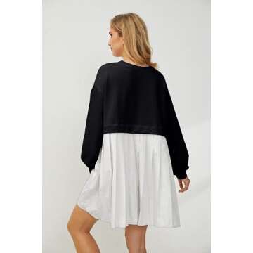 Meladyan Women's Oversized Patchwork Mini Sweatshirt Color Block Long Sleeve Crewneck Loose Pullover Pleated Dress, Black and White, Small