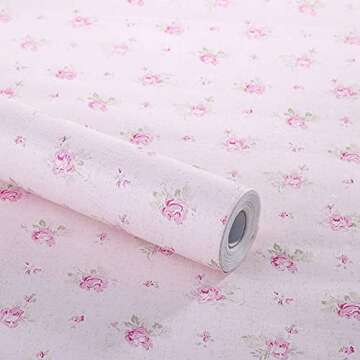 Pink Floral Drawer Shelf Liner Self Adhesive Decorative Rose Contact Paper for Shelves Drawer Cabinets Furniture Wall Decoration (17.7x197 Inches)