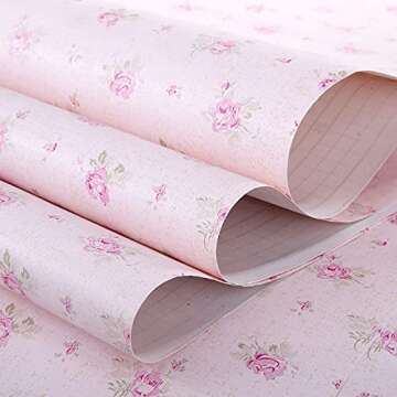 Pink Floral Drawer Shelf Liner Self Adhesive Decorative Rose Contact Paper for Shelves Drawer Cabinets Furniture Wall Decoration (17.7x197 Inches)