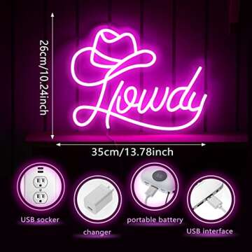 Riakrum Howdy Neon Sign for Wall Decor Y2k Lighting LED Neon Light Preppy Aesthetic Cowgirl Room Dec...
