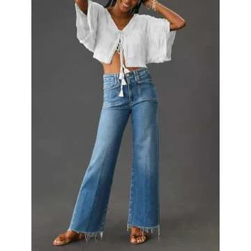 KUNMI Jeans for Women Wide Leg Baggy High Waist Boyfriends Straight Leg Stretchy Denim Pants Trendy ...