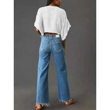 KUNMI Trendy Wide Leg High Waisted Stretch Denim Jeans