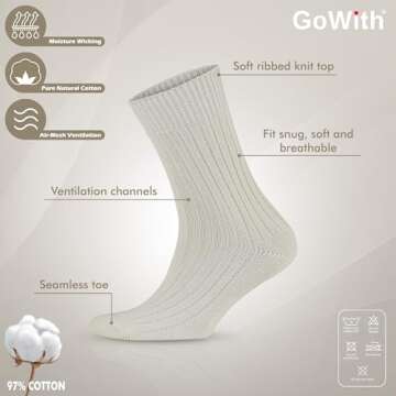 GoWith 4 Pairs Unisex Natural 97% Cotton Crew Socks, Comfy Cozy Breathable Seamless Casual Socks for Men & Women, Ecru, Small, Model 3013
