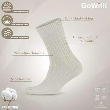 GoWith 4 Pairs Unisex Natural 97% Cotton Crew Socks, Comfy Cozy Breathable Seamless Casual Socks for Men & Women, Ecru, Small, Model 3013