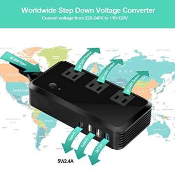 2300W Voltage Converter 220V to 110V Universal Travel Adapter/Power Converte with 3 USB Ports 3 AC Outlets 1 Type-C in EU/UK/AU/US/IT/South Africa More Than 150 Countries Over The World