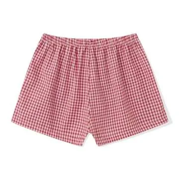 Women Y2k Pajamas Shorts Micro Button Boxers Elastic Waist Cute Pj Bottoms Summer Plaid Lounge Short (A Red, M)