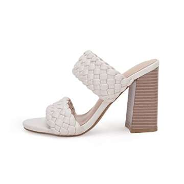 Fttpdeaus Womens Braided Heeled Sandals Round Toe Backless Strappy Block Double Straps Slides Casual Shoes