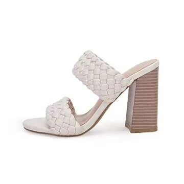 Fttpdeaus Womens Braided Heeled Sandals Round Toe Backless Strappy Block Double Straps Slides Casual Shoes