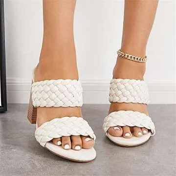 Fttpdeaus Womens Braided Heeled Sandals Round Toe Backless Strappy Block Double Straps Slides Casual Shoes