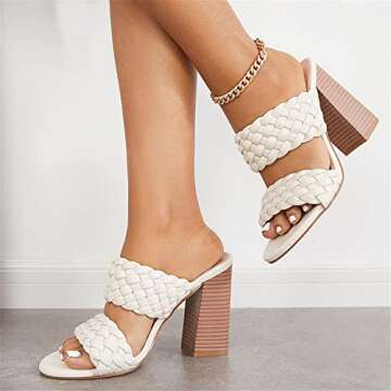 Fttpdeaus Womens Braided Heeled Sandals Round Toe Backless Strappy Block Double Straps Slides Casual Shoes
