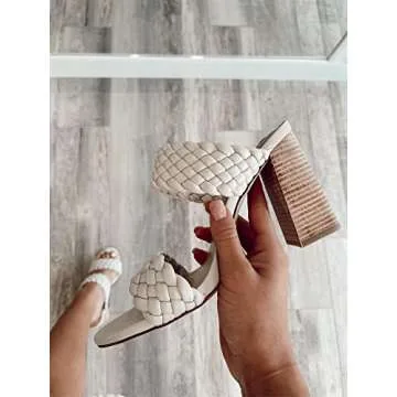 Fttpdeaus Womens Braided Heeled Sandals Round Toe Backless Strappy Block Double Straps Slides Casual Shoes