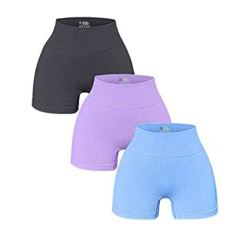 OQQ Women's 3 Piece Yoga Shorts Ribbed Seamless Workout High Waist Athletic Leggings Grey Lavender Candyblue