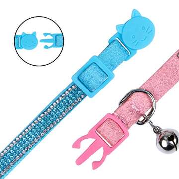 Faleela Cat Collar Breakaway with Bells - 2 Pack Bling Rhinestone cat Collar, Soft Microfiber Leather Safe Adjustable Shing Collar, for Cats and Puppy Girl Boy (7.5"-11", Pink+Blue)