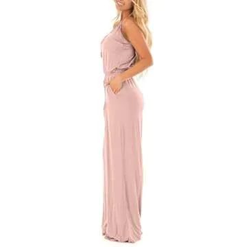 Women Casual Sleeveless Loose Wide Legs Jumpsuit Criss Cross Backless Long Pant Rompers with Pockets Blush Large