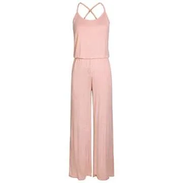Women Casual Sleeveless Loose Wide Legs Jumpsuit Criss Cross Backless Long Pant Rompers with Pockets Blush Large