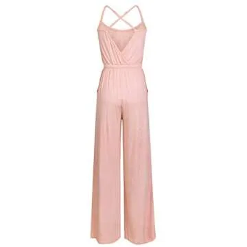 Women Casual Sleeveless Loose Wide Legs Jumpsuit Criss Cross Backless Long Pant Rompers with Pockets Blush Large