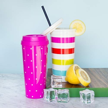 Kate Spade New York Insulated Plastic Tumbler with Reusable Silicone Straw, 20 Ounces, Candy Stripe