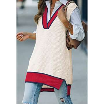 Viottiset Women's Oversized Sweater Vest V Neck Tunic Sleeveless Pullover Knit Top Apricot Red M